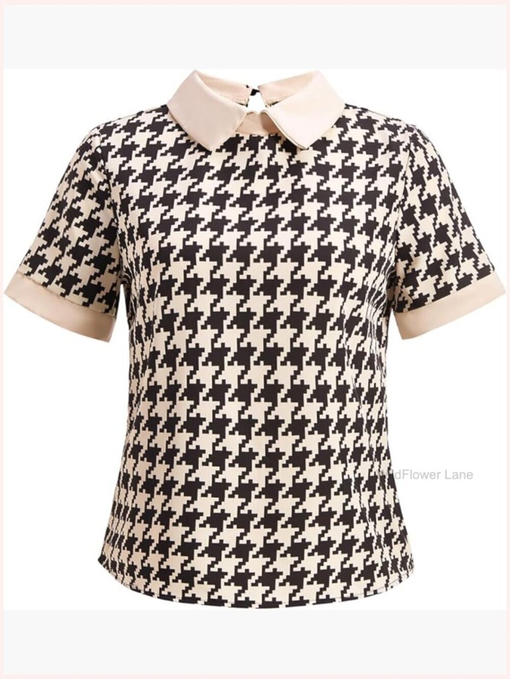 Houndstooth Short Sleeve Blouse Keyhole Back Work Top